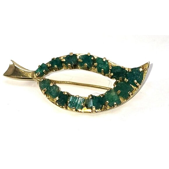 Raw Emerald Brooch Pin 18k Yellow Gold Leaf Shape Vintage Artisan STUNNING LI613 - Picture 11 of 15